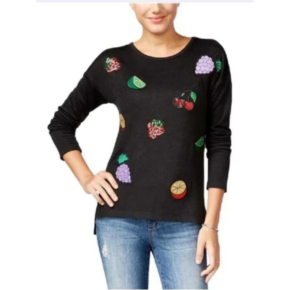 Oh MG! Juniors Fruit Sequined Patch Light Long Sleeve Sweater Black Size Small